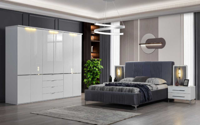 White-Grey Bedroom Furniture Textile Bed Bedside Table Wardrobe 4-piece Set