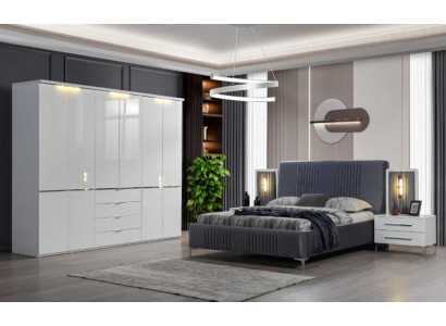 White-Grey Bedroom Furniture Textile Bed Bedside Table Wardrobe 4-piece Set