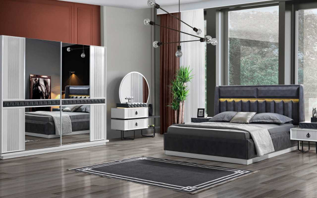 Gray-white bedroom furniture textile bed nightstands luxury cabinets new