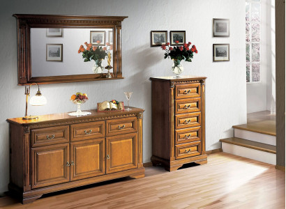 Wardrobe, dresser, mirror, material: wood, classic 3-piece set, brown, country house.