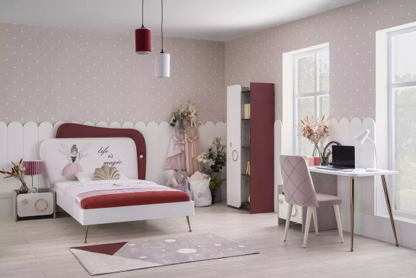 Modern children's room set: wooden furniture, children's bed, desk, shelf.