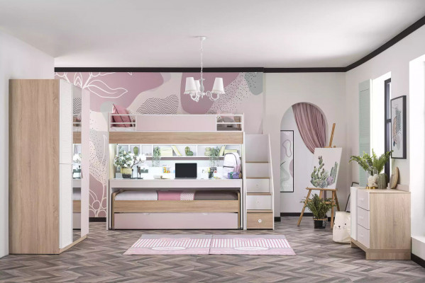 Bunk bed with 3 sleeping places multifunctional bed wood pink luxury loft bed