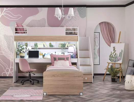 Bunk bed with 3 sleeping places multifunctional bed wood pink luxury loft bed