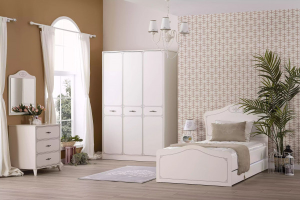 Youth bed set functional bed retractable 5-piece set wood white