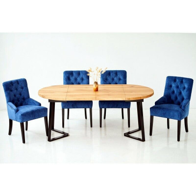 Round Wooden Dining Table Designer Blue x4 Chesterfield Dining Chairs 5-Piece Set.