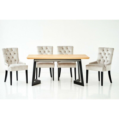 Brown wooden dining table with metal frame, designer x6 Chesterfield chairs, luxurious 7-piece set