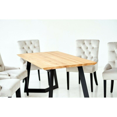 Brown wooden dining table with metal frame, designer x6 Chesterfield chairs, luxurious 7-piece set