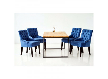 Modern dining room set designer wooden table with blue Chesterfield chairs