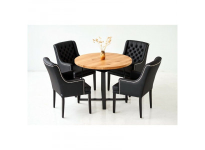 Modern dining room furniture: elegant round wooden table + 6 Chesterfield leather chairs, 7-piece set.