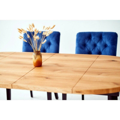 Brown-Blue Dining Room Furniture Designer Wooden Dining Table with 6x Upholstered Chesterfield Chairs