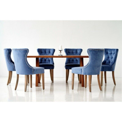 Rectangular wooden table Designer x6 Chesterfield blue chairs 7-piece dining set
