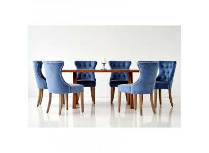 Rectangular wooden table Designer x6 Chesterfield blue chairs 7-piece dining set