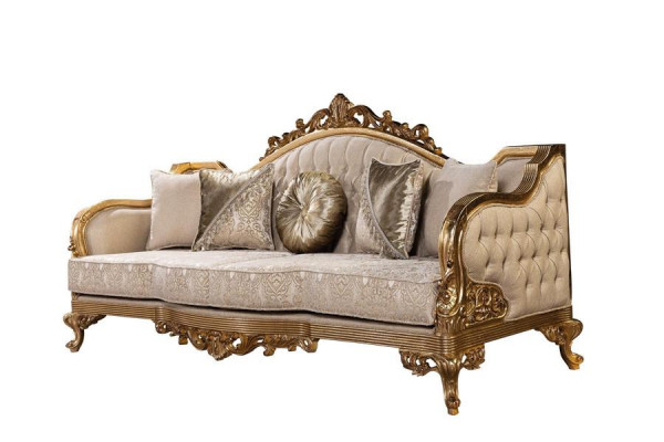 Three-seater classic baroque rococo upholstered sofa in golden wood quality