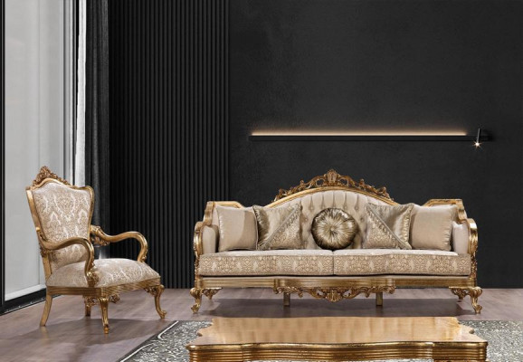 Three-seater classic baroque rococo upholstered sofa in golden wood quality