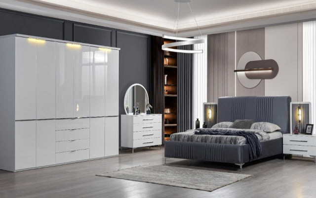 White bedroom furniture textile bed large wardrobe nightstands