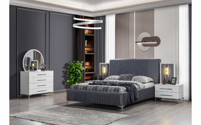 White bedroom furniture textile bed large wardrobe nightstands