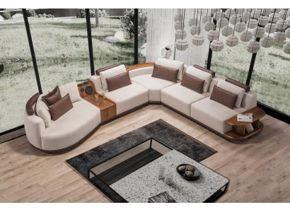 Beige living room corner sofa, exclusive L-shaped couch, modern wooden frame.