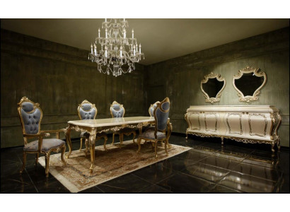 Luxurious dining room set: dining table, 6 chairs, sideboard, cabinet, mirror.