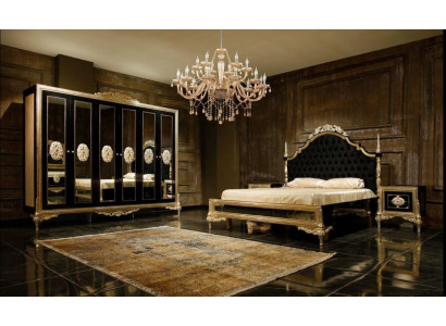 Black bedroom set luxury bed 2x nightstands dresser wardrobe