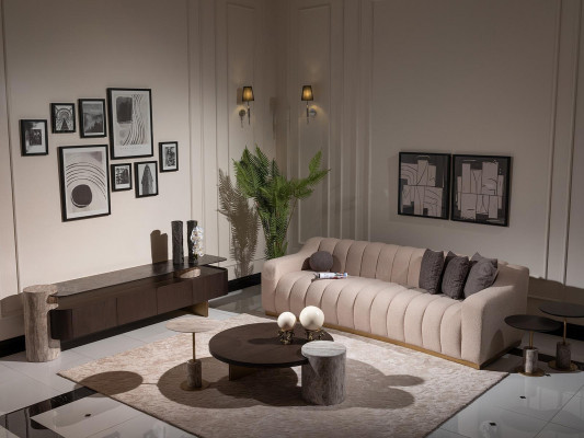 Luxury Complete Living Room Sofa Coffee Tables 6-piece Set Fabric Beige Wood