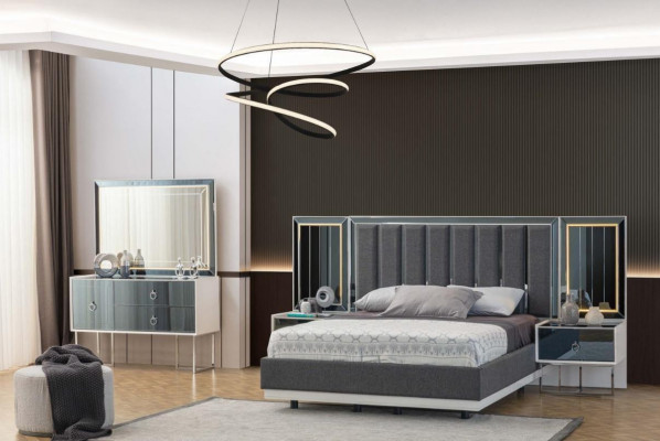Modern gray-white bedroom furniture wooden nightstands double bed 5-piece set