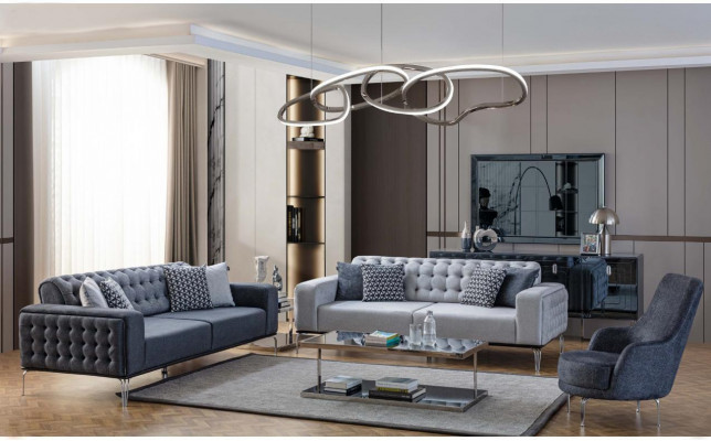 Chesterfield Gray Sofa Set Living Room Couches Three-Seater + Armchair