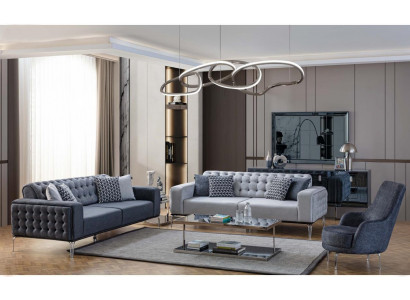 Chesterfield Gray Sofa Set Living Room Couches Three-Seater + Armchair