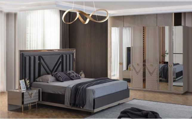 Gray bedroom furniture double bed wardrobe nightstands 4-piece set