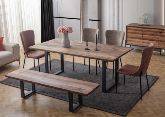 Brown dining room furniture, luxurious dining table, 4 upholstered chairs, wooden bench