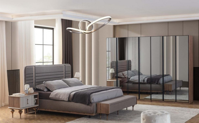 Modern bedroom furniture set double bed nightstands glass cabinet