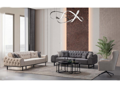 White-Gray Chesterfield Sofa Set Designer Upholstery Armchair 3-Piece Set