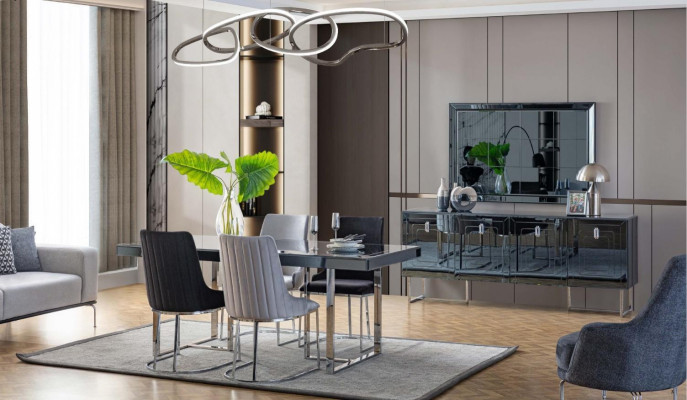 Modern dining room furniture wooden dining table 4x fabric chairs sideboard mirror