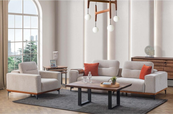 White upholstered sofa set three-seater armchair coffee table side tables