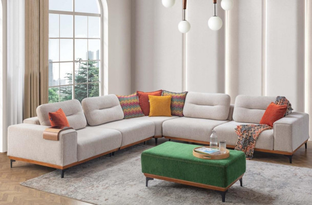 Designer living room set consists of a 2-piece L-shaped corner sofa and stool.