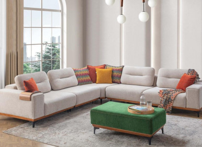 Designer living room set consists of a 2-piece L-shaped corner sofa and stool.
