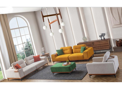 Large living room set with 3 fabric sofas, an upholstered stool, and 3 side tables.