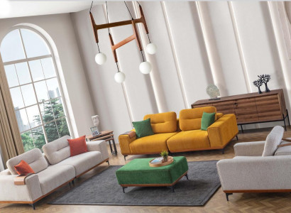 Large living room set with 3 fabric sofas, an upholstered stool, and 3 side tables.