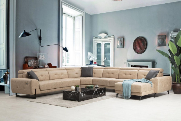 Sectional U-shaped seating furniture, designer seating furniture, modern sofa couch upholstery.