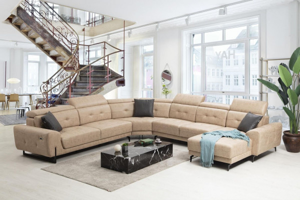 Sectional U-shaped seating furniture, designer seating furniture, modern sofa couch upholstery.