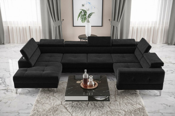 Modern luxury automatic corner sofa, fabric U-shape couch, textile black, elegant, new