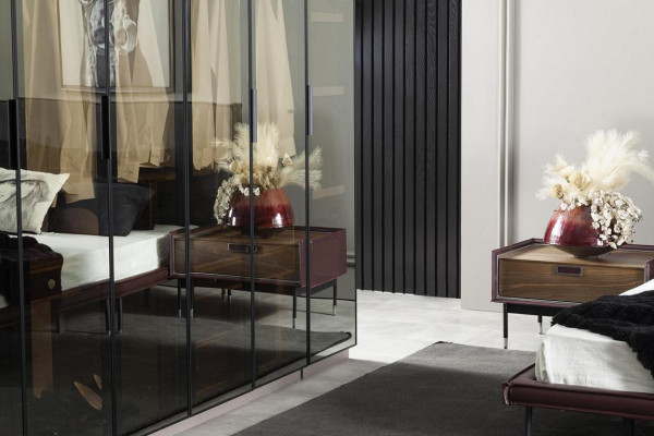 Glass wardrobe, bedroom bed, bedside tables, 4-piece complete set.