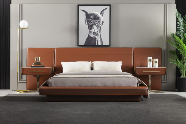 Bed color brown, modern style, luxurious bedroom, comfortable, new.