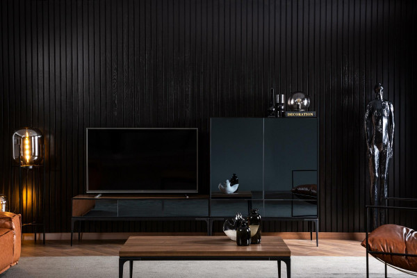 RTV wall unit with mirror, TV fronts, black brown cabinet wall unit.