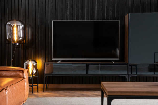 RTV wall unit with mirror, TV fronts, black brown cabinet wall unit.