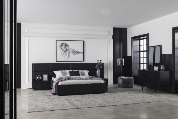 Black bedroom set bed furniture nightstand 3-piece leather bed beds