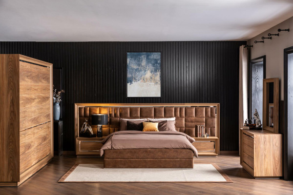 Bedroom Set Bed + Nightstands Luxury Double Brown Hotel Beds