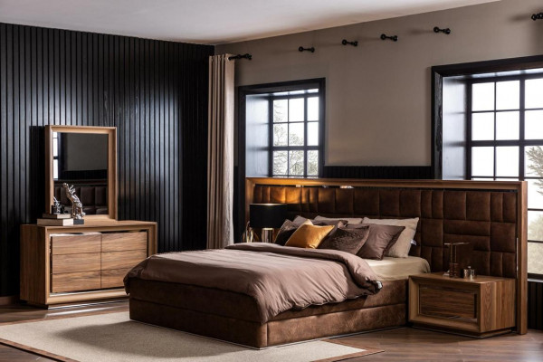 Bedroom Set Bed + Nightstands Luxury Double Brown Hotel Beds