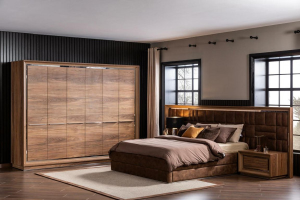 Bedroom Set Bed + Nightstands Luxury Double Brown Hotel Beds