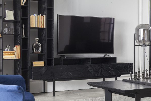 Living room wall unit in black with open storage for living room wall cabinets