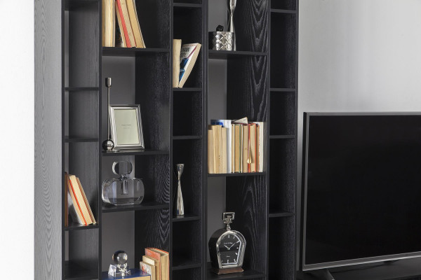 Living room wall unit in black with open storage for living room wall cabinets